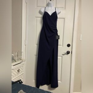T31a- LULUS Navy SWEETEST ADMIRER Spaghetti Faux Wrap Maxi Dress